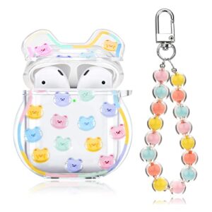 Cute AirPod Cases Korea Funny 3D Bear Design with Coloful Round Bead Bracelet Clear Soft Protective Cover Compatiable with AirPods 1st & 2nd Generation for Women and Girls