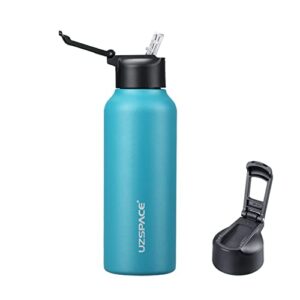 uzspace insulated water bottle 17oz 25oz stainless steel water bottles for school kids adults, double wall keep cold & hot reusable metal water bottle with straw (cyan,17oz)