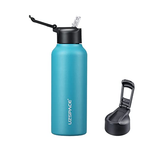 UZSPACE Insulated Water Bottle 17oz 25oz Stainless Steel Water Bottles for School Kids Adults, Double Wall Keep Cold & Hot Reusable Metal Water Bottle With Straw (Cyan,17oz)