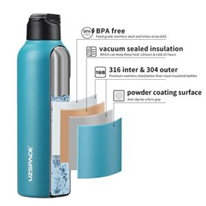 UZSPACE Insulated Water Bottle 17oz 25oz Stainless Steel Water Bottles for School Kids Adults, Double Wall Keep Cold & Hot Reusable Metal Water Bottle With Straw (Cyan,17oz)