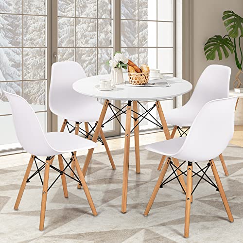 Giantex White Dining Table, 31.5" D x 32" H Round Dining Room Table with Solid Beech Wood Legs, Modern Kitchen Table with TSCA Certification for Small Places, White & Natural