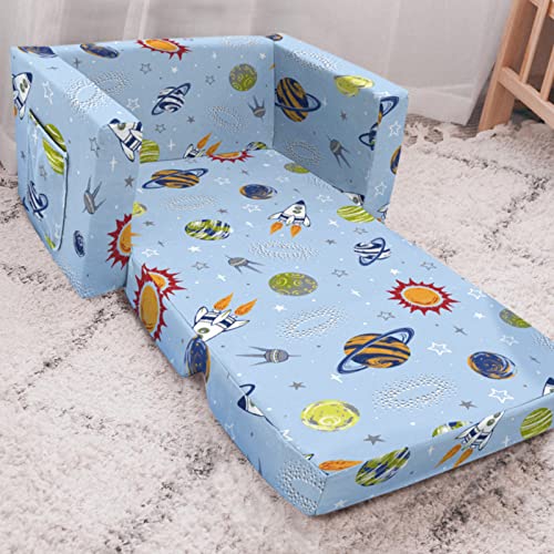 fond + found Kids Sofa Couch,Toddler Children 2-in-1 Convertible Sofa to Lounger, Comfy Flip-Out Couch/Sleeper, Rocket Outer Space Chair, Bed for Boys Girls