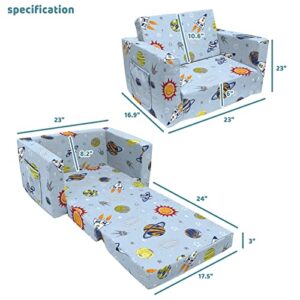 fond + found Kids Sofa Couch,Toddler Children 2-in-1 Convertible Sofa to Lounger, Comfy Flip-Out Couch/Sleeper, Rocket Outer Space Chair, Bed for Boys Girls