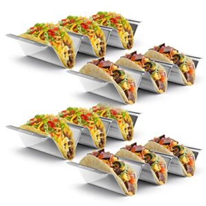 taco holder, taco stand, taco holders set of 4, stainless steel taco rack with handles, each metal taco tray plates holds up to 2 or 3 hard or soft taco shells, oven grill and dishwasher safe