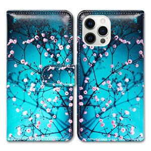 bcov iphone 14 pro max case, plum blossom flower leather flip phone case wallet cover with card slot holder kickstand for iphone 14 pro max