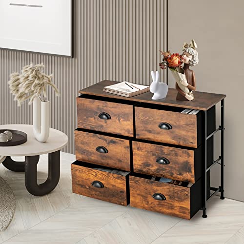 Giantex 6 Drawer Dresser for Bedroom, Chest of Drawers with Wood Top, Sturdy Steel Frame, Anti-toppling Kit, Retro Storage Cabinet with Removable Drawers for Living Room, Closet, Nursery