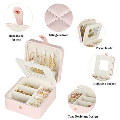 DQUTAR Travel Jewelry Case with Mirror, Portable Small Jewelry Box, PU Leather Mini Jewellery Organizer Storage Earrings Rings Necklaces for Women Girls Gifts