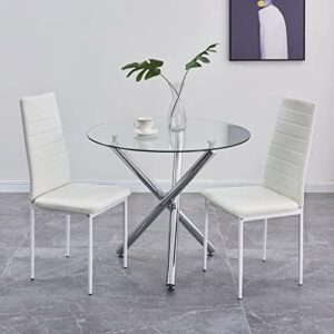 rooiome round glass dining table set 3 pieces dining table chair set for home kitchen round tripod chrome legs table with 2 pu chairs, contemporary dining room furniture set for small space