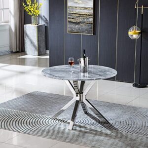 melpomene 42" round marble table with chrome plated stainless steel base for apartment dining room and kitchen(grey)