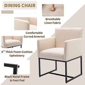 HNY Mid Century Modern Upholstered Dining Chairs with Arms Set of 4, Linen Accent with Black Finish Metal Frame, 19'' Wide for Living Room Kitchen Bedroom, Cream, Cream-linen-black Frame