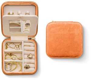 plush velvet travel jewelry box organizer | travel jewelry case, jewelry travel organizer | small jewelry box for women, jewelry travel case | earring organizer with mirror - orange
