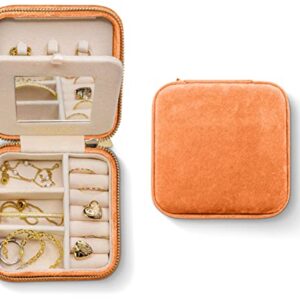Plush Velvet Travel Jewelry Box Organizer | Travel Jewelry Case, Jewelry Travel Organizer | Small Jewelry Box for Women, Jewelry Travel Case | Earring Organizer with MIrror - Orange