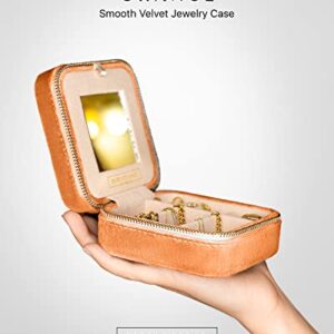 Plush Velvet Travel Jewelry Box Organizer | Travel Jewelry Case, Jewelry Travel Organizer | Small Jewelry Box for Women, Jewelry Travel Case | Earring Organizer with MIrror - Orange