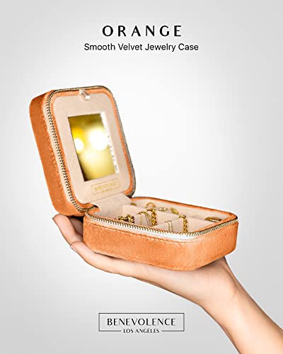 Plush Velvet Travel Jewelry Box Organizer | Travel Jewelry Case, Jewelry Travel Organizer | Small Jewelry Box for Women, Jewelry Travel Case | Earring Organizer with MIrror - Orange