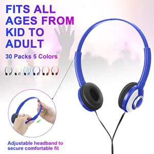 Yunsailing 30 Pack Bulk Headphones Classroom Headphones for Kids School Headphones Headsets Individually Wrapped Adjustable Student Earphone Earbuds for Classroom Kids Adults, 6 Colors