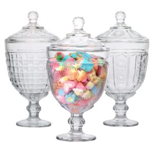 woaiwo-q candy jar set of 3,apothecary jar with lid, crystal candy jar, decorative footed candy jar, cookie jar, for candy buffet, kitchen, home, wedding (27oz)
