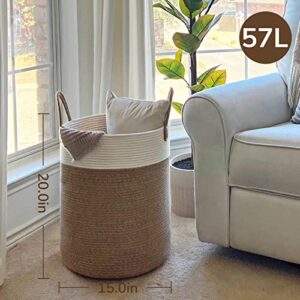 INDRESSME Tall Woven Rope Laundry Basket, Baby Nursery Laundry Hamper for Clothes, Towels, Toys, Blankets, Decorative Basket for Living Room, Nursery, Bedroom, Yoga Mat Basket, 15 x 20 inches, 57L