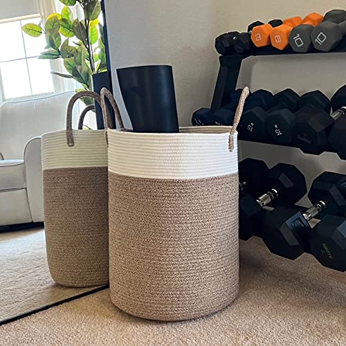 INDRESSME Tall Woven Rope Laundry Basket, Baby Nursery Laundry Hamper for Clothes, Towels, Toys, Blankets, Decorative Basket for Living Room, Nursery, Bedroom, Yoga Mat Basket, 15 x 20 inches, 57L