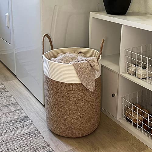 INDRESSME Tall Woven Rope Laundry Basket, Baby Nursery Laundry Hamper for Clothes, Towels, Toys, Blankets, Decorative Basket for Living Room, Nursery, Bedroom, Yoga Mat Basket, 15 x 20 inches, 57L