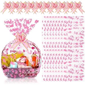 12 pcs extra large baby shower basket bags with 10 bows ribbon 28 x 40 inch large cellophane bags baskets empty bags jumbo cellophane wrap for gift, presents, baby shower (pink elephant patterns)
