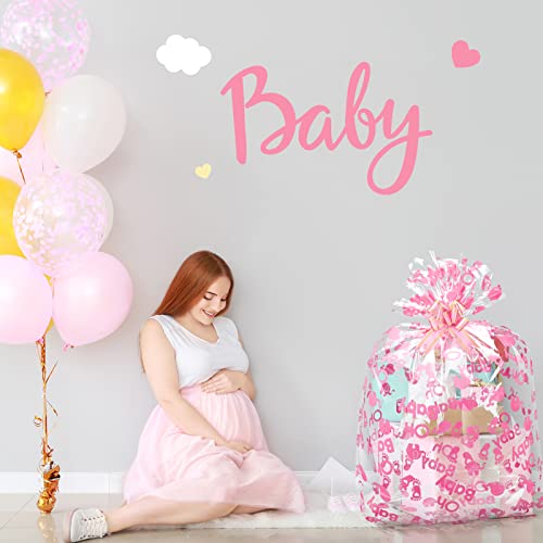 12 Pcs Extra Large Baby Shower Basket Bags with 10 Bows Ribbon 28 x 40 Inch Large Cellophane Bags Baskets Empty Bags Jumbo Cellophane Wrap for Gift, Presents, Baby Shower (Pink Elephant Patterns)
