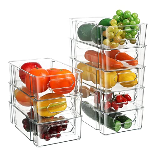 Refrigerator Organizer Bins, Hemoton 8pcs Stackable Fridge Organizer with Built- In Handles, PET Clear Bins For Fridge, Kitchen Cabinet, Pantry and Countertops, 10.39 x 6.1 x 2.95 inches