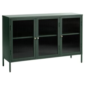 modern tempered fluted glass & steel sideboard with 3 hinged doors, 2 adjustable shelves, bookcases, cabinets, entertainment, filing & storage for home office, kitchen, 52x15.75x33.5 in.
