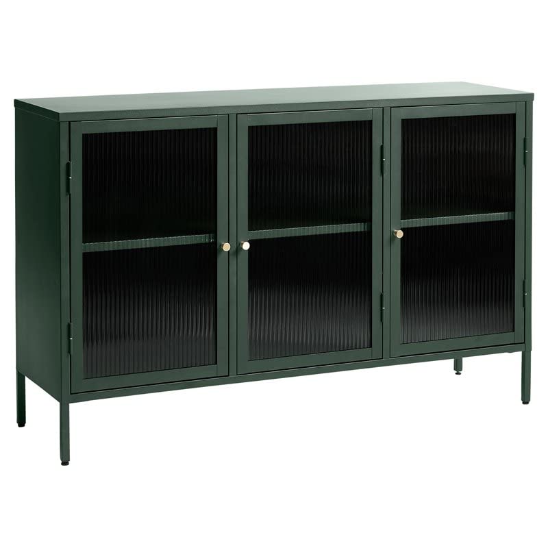 Modern Tempered Fluted Glass & Steel Sideboard with 3 Hinged Doors, 2 Adjustable Shelves, Bookcases, Cabinets, Entertainment, Filing & Storage for Home Office, Kitchen, 52x15.75x33.5 in.