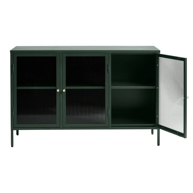 Modern Tempered Fluted Glass & Steel Sideboard with 3 Hinged Doors, 2 Adjustable Shelves, Bookcases, Cabinets, Entertainment, Filing & Storage for Home Office, Kitchen, 52x15.75x33.5 in.