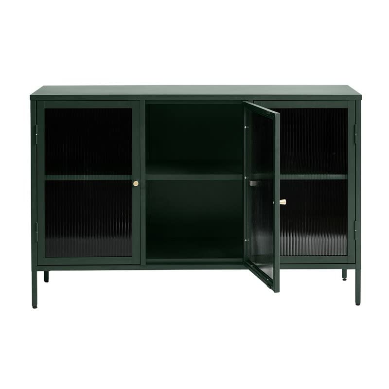 Modern Tempered Fluted Glass & Steel Sideboard with 3 Hinged Doors, 2 Adjustable Shelves, Bookcases, Cabinets, Entertainment, Filing & Storage for Home Office, Kitchen, 52x15.75x33.5 in.