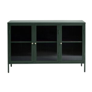 Modern Tempered Fluted Glass & Steel Sideboard with 3 Hinged Doors, 2 Adjustable Shelves, Bookcases, Cabinets, Entertainment, Filing & Storage for Home Office, Kitchen, 52x15.75x33.5 in.