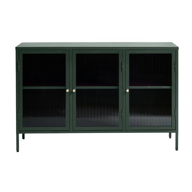 Modern Tempered Fluted Glass & Steel Sideboard with 3 Hinged Doors, 2 Adjustable Shelves, Bookcases, Cabinets, Entertainment, Filing & Storage for Home Office, Kitchen, 52x15.75x33.5 in.