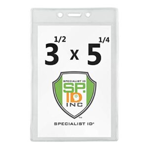 100 pack - 3 1/2" x 5 1/4" large badge holders - clear plastic name tag sleeves, vaccination card protector, concert ticket, press pass or sporting event holder by specialist id (4x6 outside)