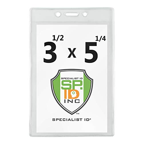 100 Pack - 3 1/2" X 5 1/4" Large Badge Holders - Clear Plastic Name Tag Sleeves, Vaccination Card Protector, Concert Ticket, Press Pass or Sporting Event Holder by Specialist ID (4X6 Outside)