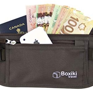 Boxiki Travel Money Belt - RFID Blocking Money Belt and Safe Waist Bag, Secure Fanny Pack for Men and Women, Fits Passport, Wallet, Phone and Personal Items. Running Belt, Waist Pack (Brown)