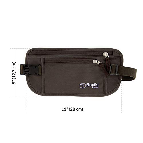 Boxiki Travel Money Belt - RFID Blocking Money Belt and Safe Waist Bag, Secure Fanny Pack for Men and Women, Fits Passport, Wallet, Phone and Personal Items. Running Belt, Waist Pack (Brown)