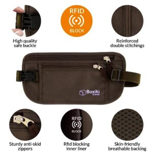 Boxiki Travel Money Belt - RFID Blocking Money Belt and Safe Waist Bag, Secure Fanny Pack for Men and Women, Fits Passport, Wallet, Phone and Personal Items. Running Belt, Waist Pack (Brown)