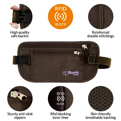 Boxiki Travel Money Belt - RFID Blocking Money Belt and Safe Waist Bag, Secure Fanny Pack for Men and Women, Fits Passport, Wallet, Phone and Personal Items. Running Belt, Waist Pack (Brown)