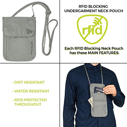 Travelon RFID Blocking Undergarment Neck Pouch, Gray, 8 x 5.25 x .125