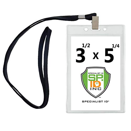 10 Pack - Clear Vertical Large Credential ID Badge Holders (3 1/2 x 5 1/4) with Premium Quality Bulldog Clip Lanyards for VIP, Press Pass, Concert Ticket & More by Specialist ID (4x6 Outside) (Black)