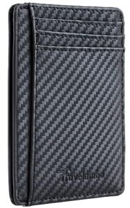 travelambo front pocket minimalist leather slim wallet rfid blocking carbon fiber texture(black)