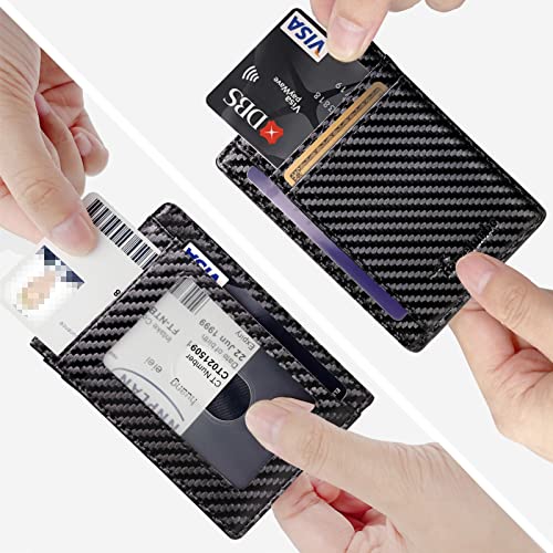 Travelambo Front Pocket Minimalist Leather Slim Wallet RFID Blocking Carbon Fiber Texture(Black)