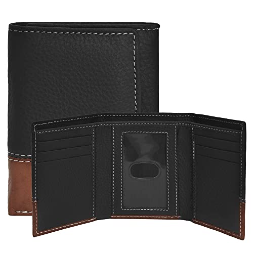 ESTALON Black Tan Leather Trifold Wallet For Men | Front Pocket Style | 1 ID Slot | RFID Protection | Gifts For Him