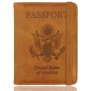 walnew rfid passport holder cover wallet for women men, pu leather card holder passport case travel essentials for family vacation, brown
