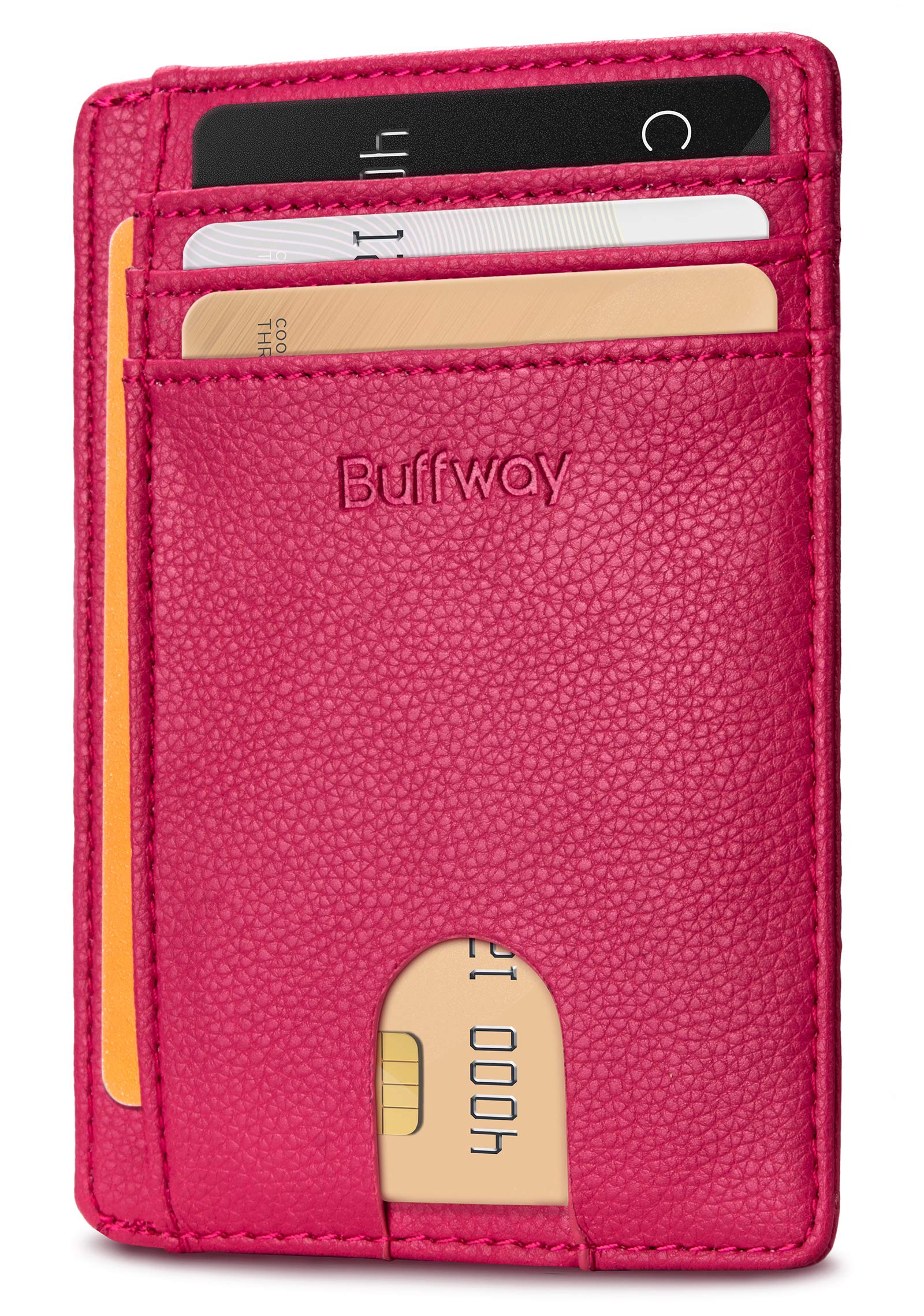 Buffway Slim Minimalist Front Pocket RFID Blocking Leather Wallets for Men Women - Lichee Red