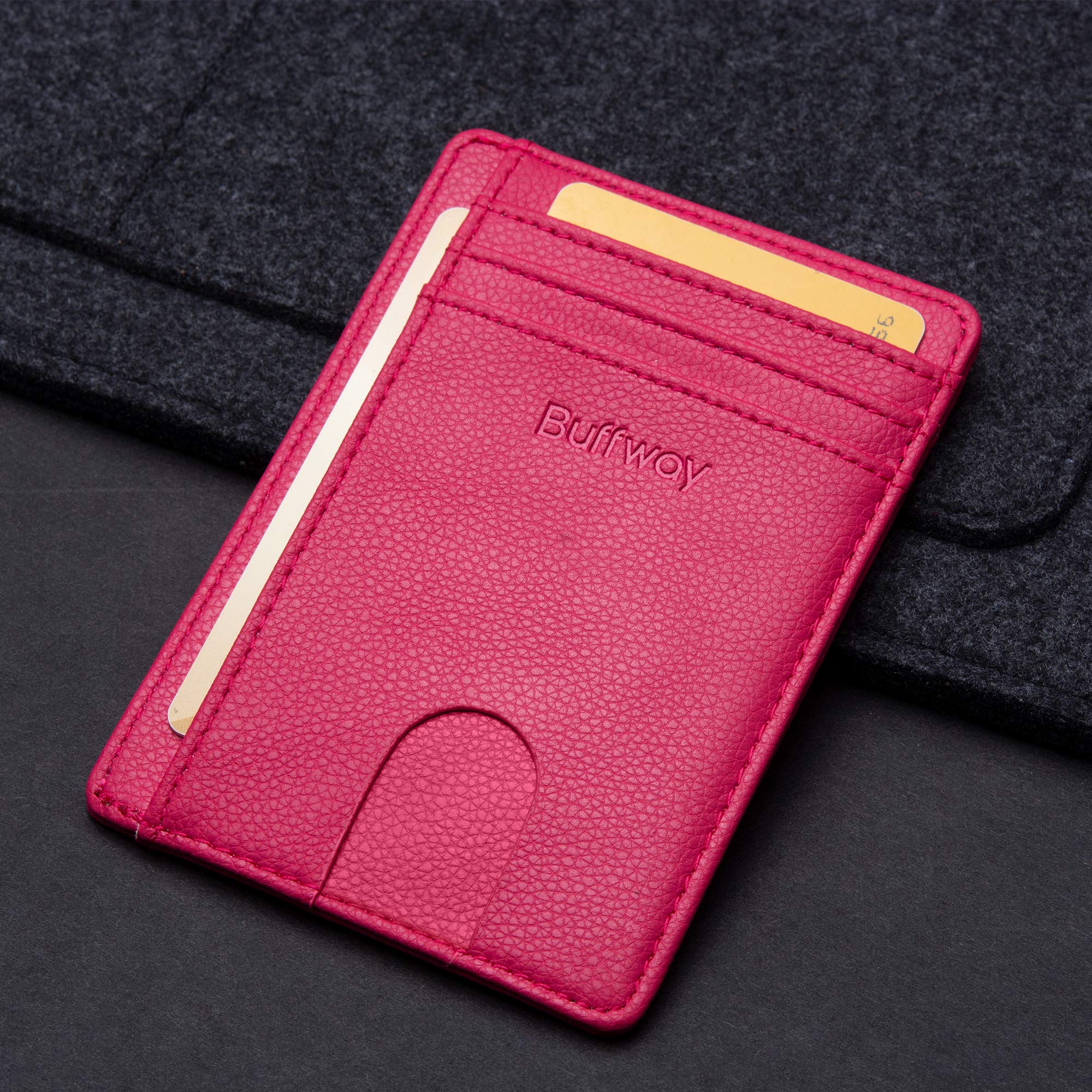 Buffway Slim Minimalist Front Pocket RFID Blocking Leather Wallets for Men Women - Lichee Red