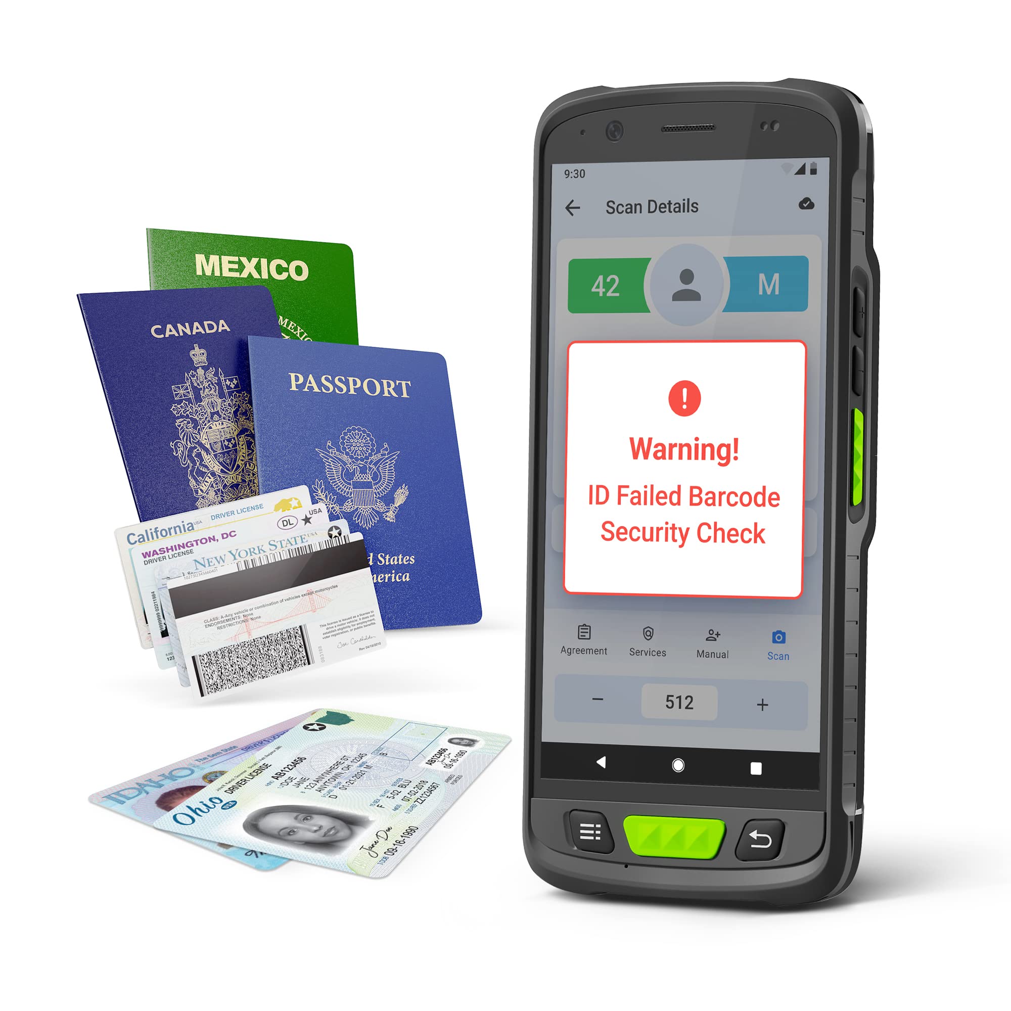 IDWare 9000 ID Passport Scanner – Touchless Handheld Scanning Solution with VeriScan Basic Software for Age Verification & Visitor Management – Free Charging Cradle, Screen Protector & Wrist Strap