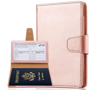 teskyer passport holder and vaccine card holder combo, fit for 4 x 3 vaccine card, leather passport wallet cover with vaccine card slot, rose gold