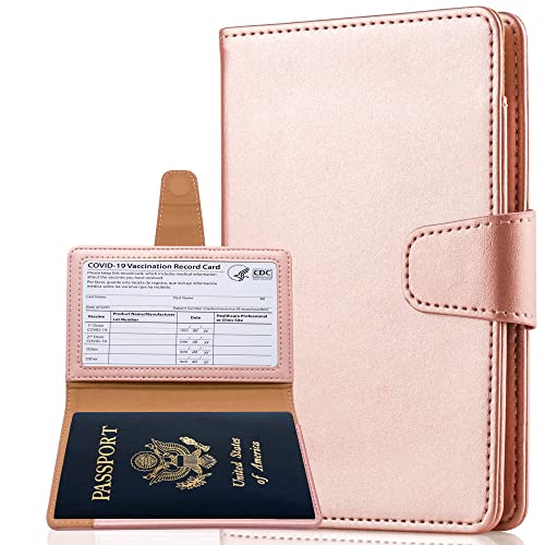 Teskyer Passport Holder and Vaccine Card Holder Combo, Fit for 4 x 3 Vaccine Card, Leather Passport Wallet Cover with Vaccine Card Slot, Rose Gold