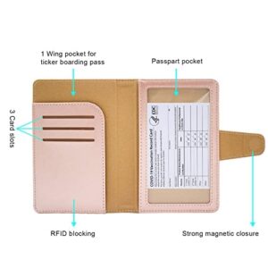 Teskyer Passport Holder and Vaccine Card Holder Combo, Fit for 4 x 3 Vaccine Card, Leather Passport Wallet Cover with Vaccine Card Slot, Rose Gold